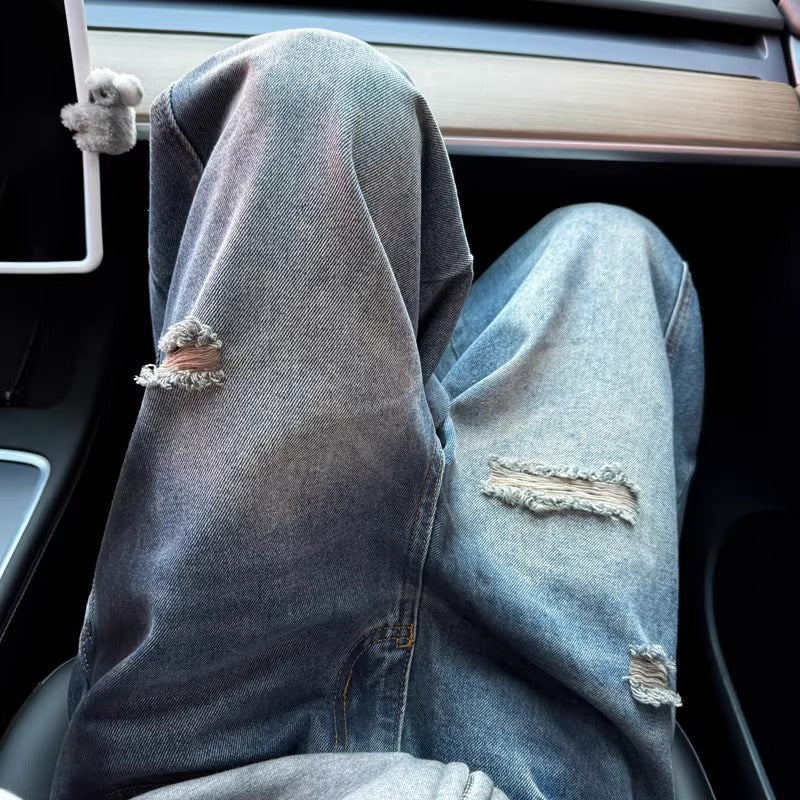 American Retro High Street Vibe Splatter Paint Ripped Jeans for Men Street Style Dirty Fit Loose Straight Wide-Leg Pants