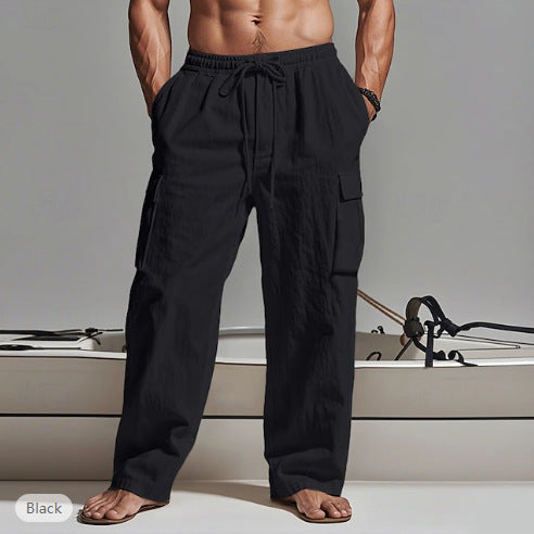 2025 Amazon Men's Solid Color plus size Cordwork Pants Drawstring Elelastic Multi-Pocket Wide Men's Casual Pants