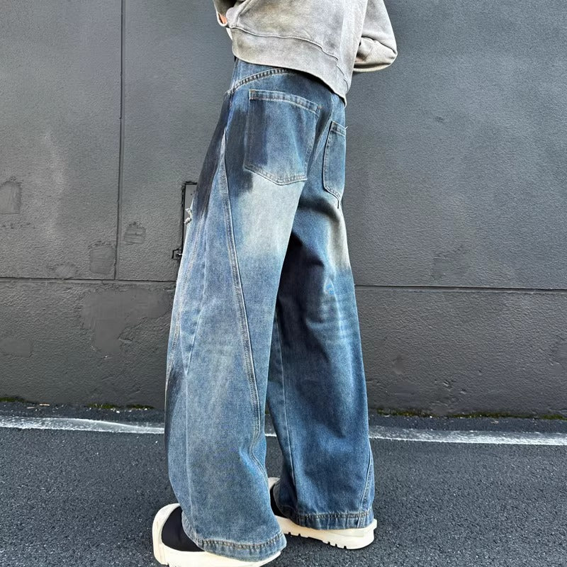 American Retro High Street Vibe Splatter Paint Ripped Jeans for Men Street Style Dirty Fit Loose Straight Wide-Leg Pants