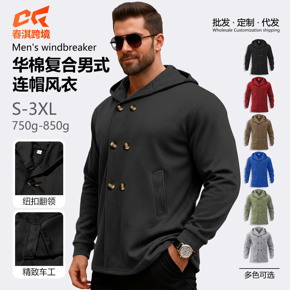 New Cross-Border Amazon Classic Mid-Length Slim-Fit Jacket European and American Foreign Trade Solid Color Casual Hooded Windbreaker for Men