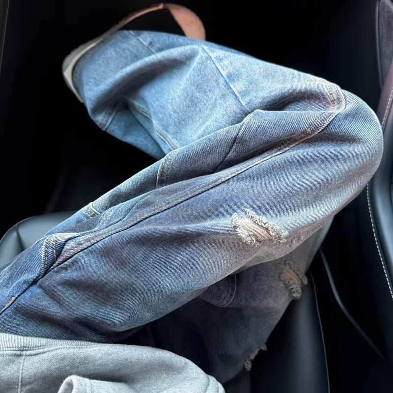 American Retro High Street Vibe Splatter Paint Ripped Jeans for Men Street Style Dirty Fit Loose Straight Wide-Leg Pants