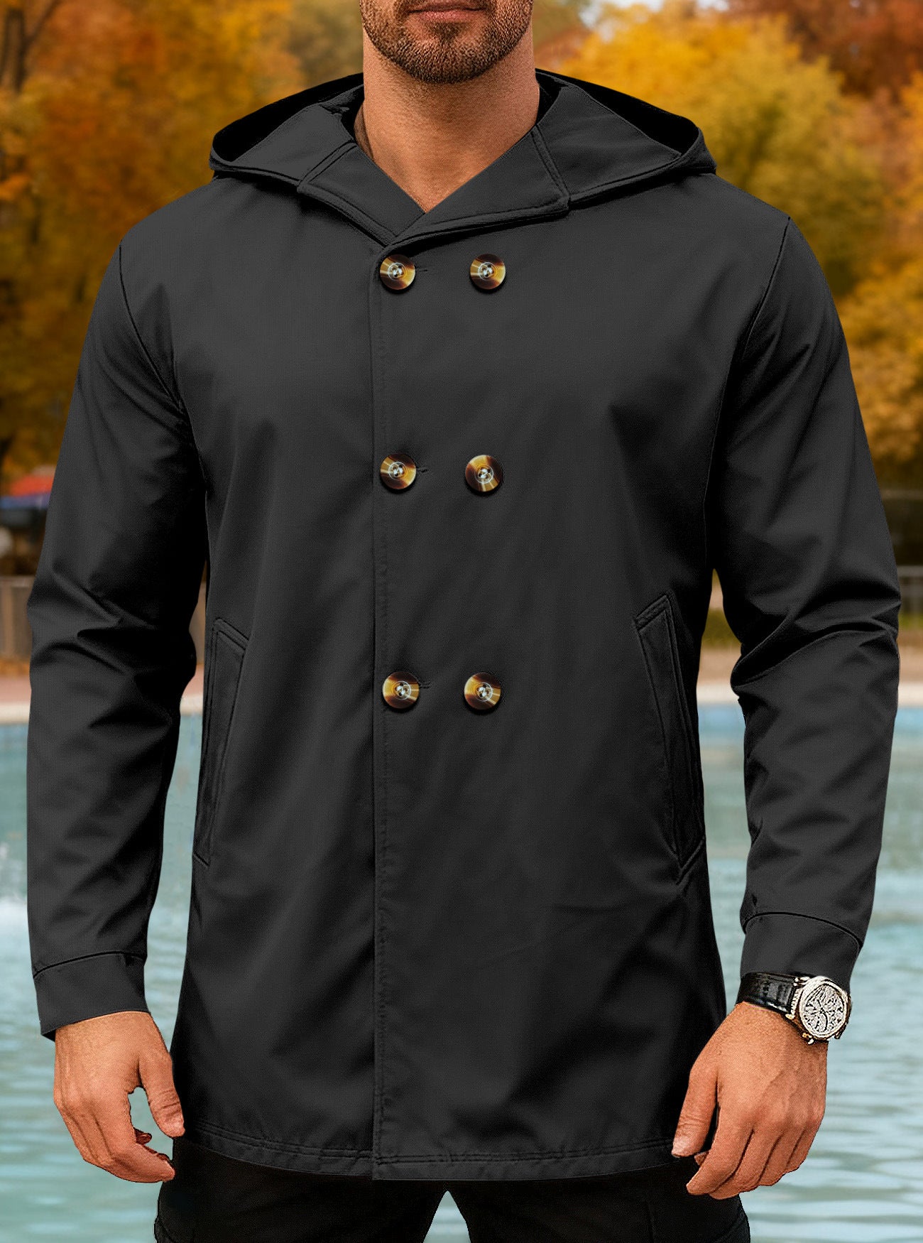 New Cross-Border Amazon Classic Mid-Length Slim-Fit Jacket European and American Foreign Trade Solid Color Casual Hooded Windbreaker for Men