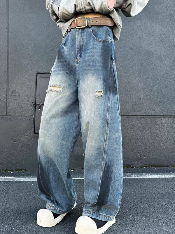 American Retro High Street Vibe Splatter Paint Ripped Jeans for Men Street Style Dirty Fit Loose Straight Wide-Leg Pants