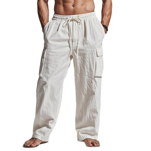 2025 Amazon Men's Solid Color plus size Cordwork Pants Drawstring Elelastic Multi-Pocket Wide Men's Casual Pants