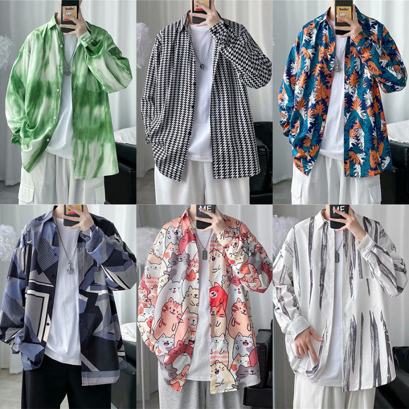 Men's Long-Sleeve Shirt, Spring and Autumn Trendy Ins-Style Floral Shirt, Hong Kong Style, Japanese Retro Loose Fit, Cool and Stylish Jacket