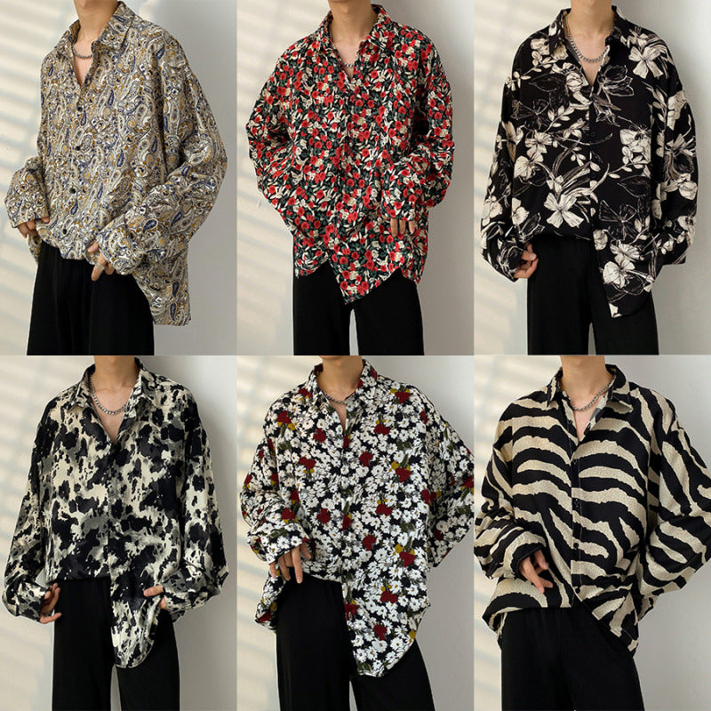 Men's Long-Sleeve Shirt, Spring and Autumn Trendy Ins-Style Floral Shirt, Hong Kong Style, Japanese Retro Loose Fit, Cool and Stylish Jacket