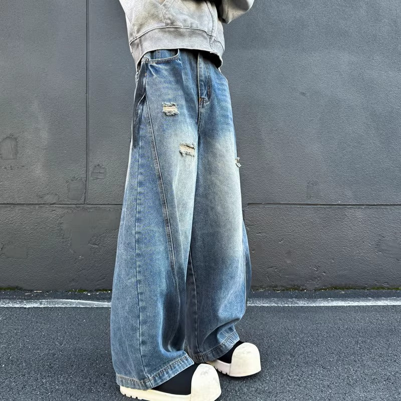 American Retro High Street Vibe Splatter Paint Ripped Jeans for Men Street Style Dirty Fit Loose Straight Wide-Leg Pants