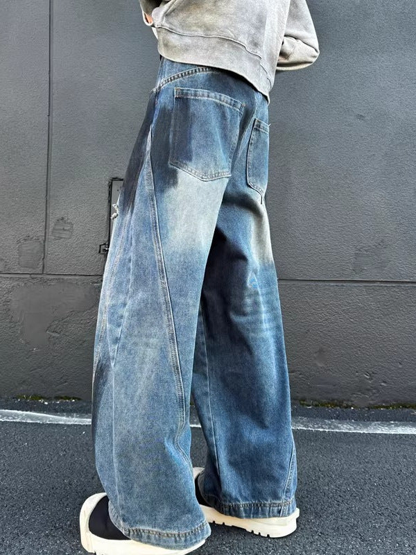 American Retro High Street Vibe Splatter Paint Ripped Jeans for Men Street Style Dirty Fit Loose Straight Wide-Leg Pants