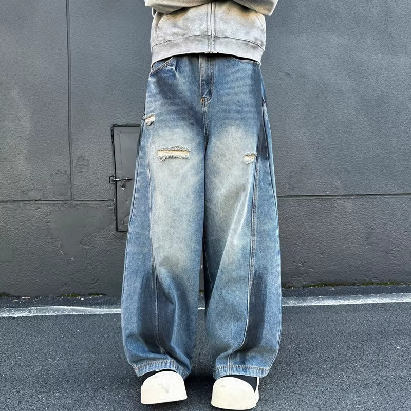 American Retro High Street Vibe Splatter Paint Ripped Jeans for Men Street Style Dirty Fit Loose Straight Wide-Leg Pants
