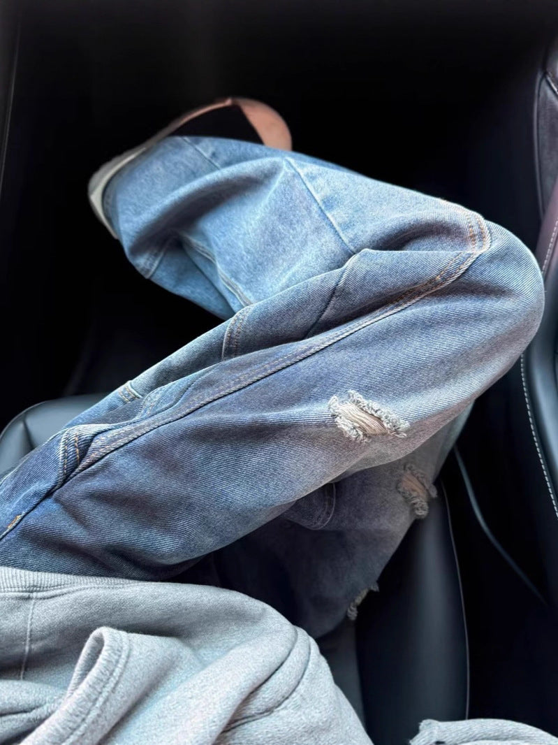American Retro High Street Vibe Splatter Paint Ripped Jeans for Men Street Style Dirty Fit Loose Straight Wide-Leg Pants