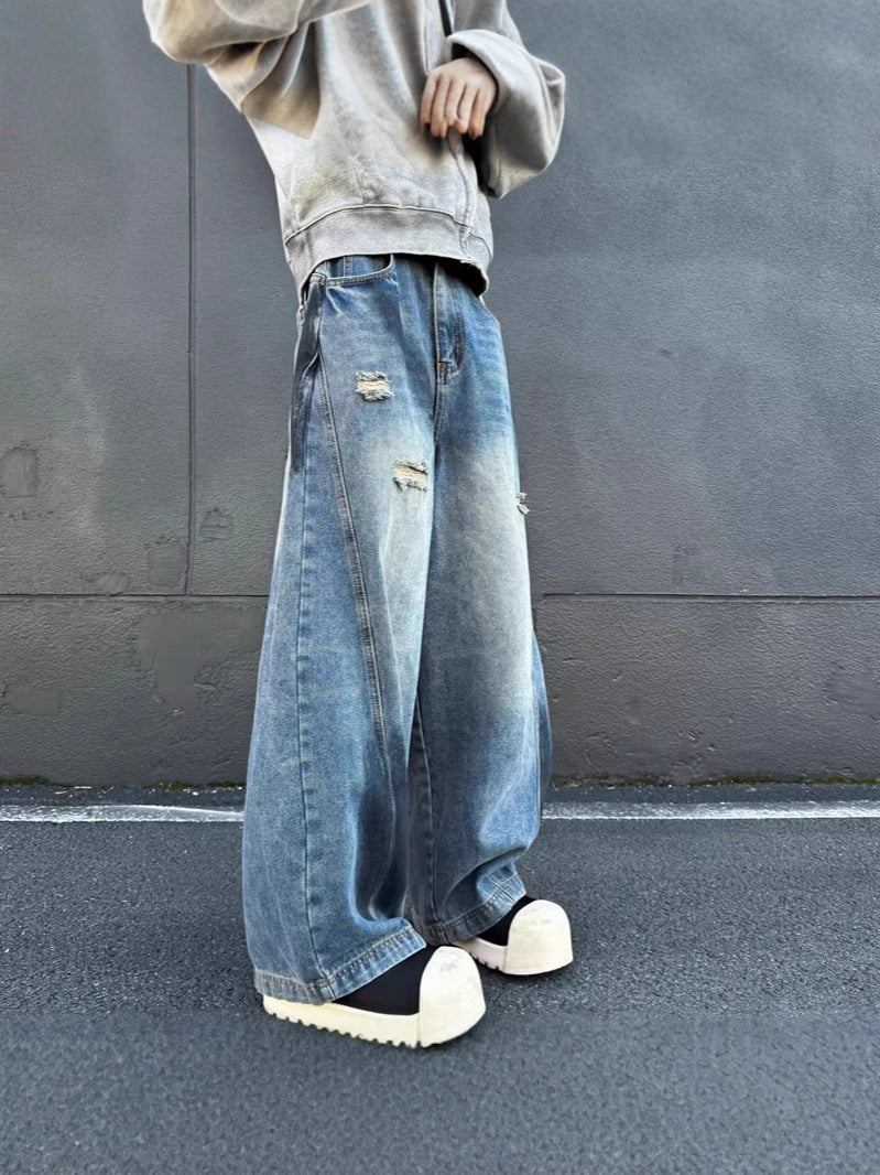 American Retro High Street Vibe Splatter Paint Ripped Jeans for Men Street Style Dirty Fit Loose Straight Wide-Leg Pants