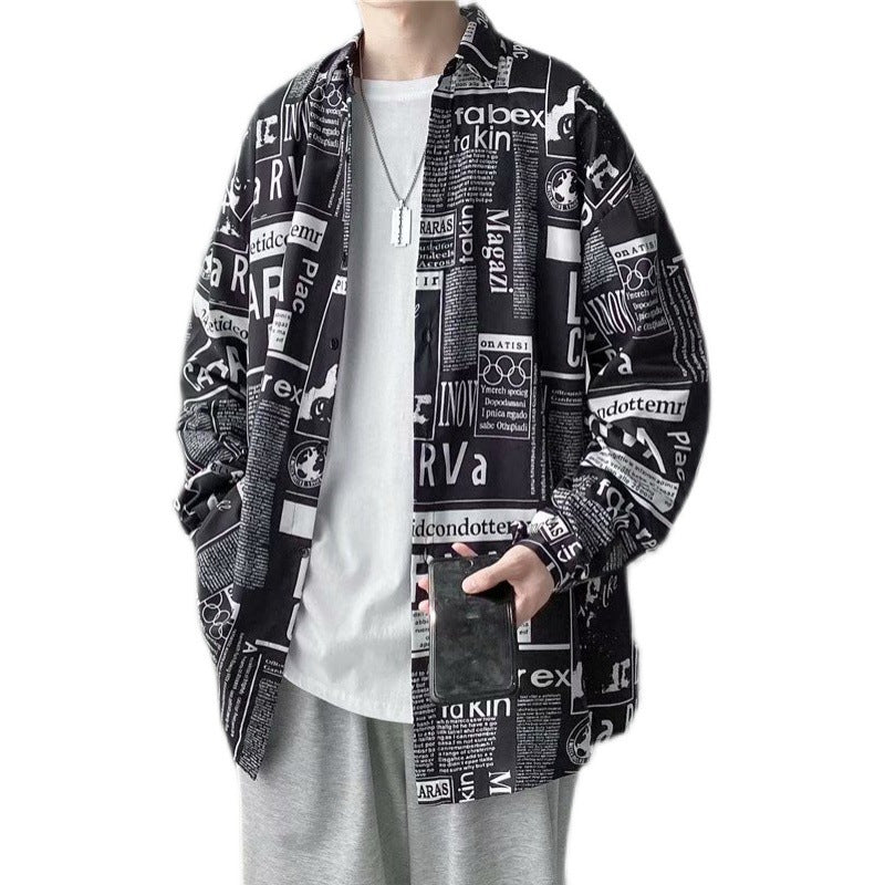 Men's Long-Sleeve Shirt, Spring and Autumn Trendy Ins-Style Floral Shirt, Hong Kong Style, Japanese Retro Loose Fit, Cool and Stylish Jacket
