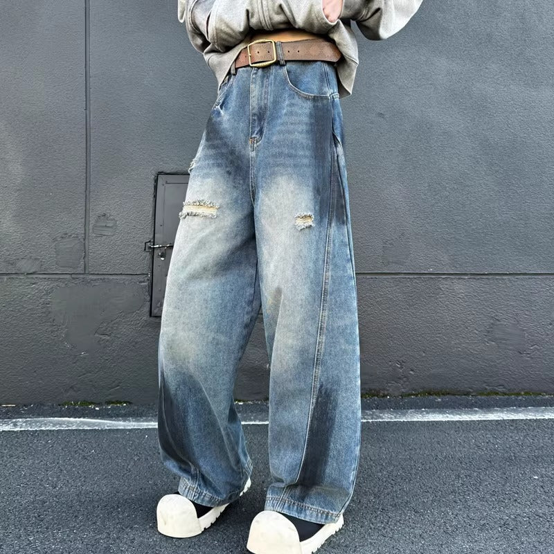 American Retro High Street Vibe Splatter Paint Ripped Jeans for Men Street Style Dirty Fit Loose Straight Wide-Leg Pants