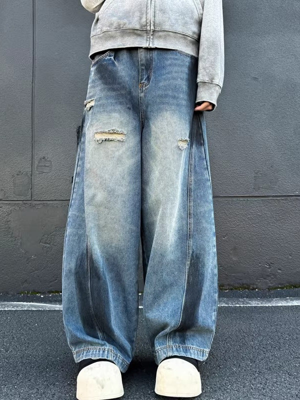 American Retro High Street Vibe Splatter Paint Ripped Jeans for Men Street Style Dirty Fit Loose Straight Wide-Leg Pants