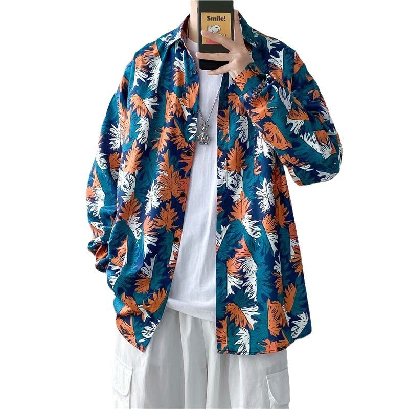 Men's Long-Sleeve Shirt, Spring and Autumn Trendy Ins-Style Floral Shirt, Hong Kong Style, Japanese Retro Loose Fit, Cool and Stylish Jacket