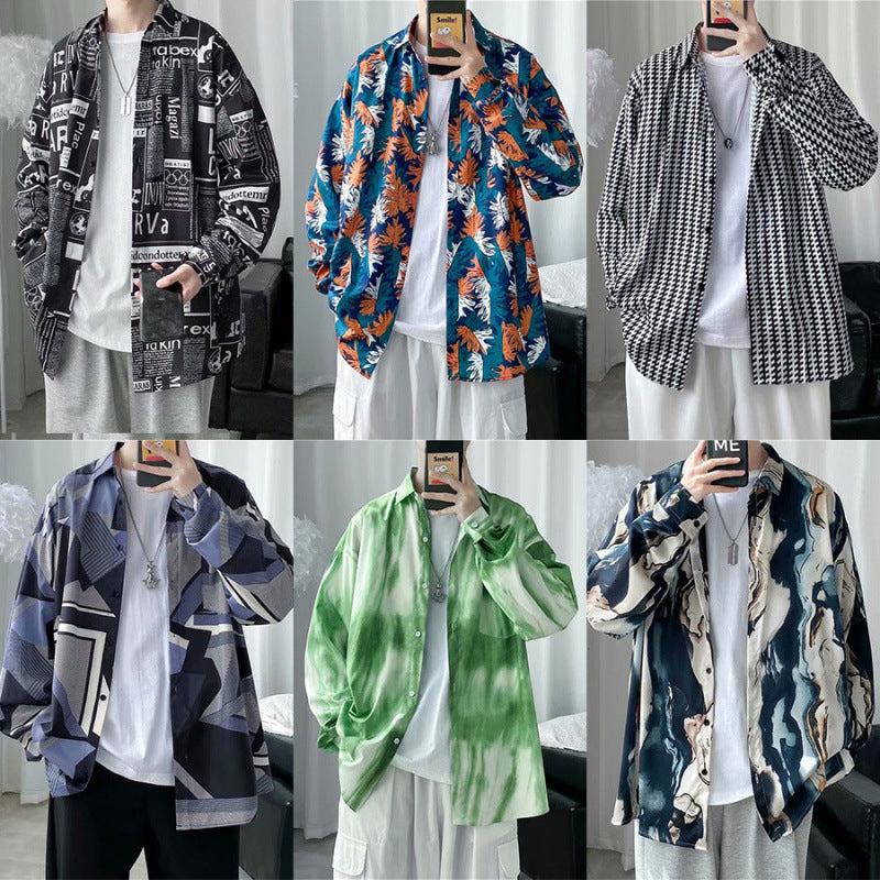 Men's Long-Sleeve Shirt, Spring and Autumn Trendy Ins-Style Floral Shirt, Hong Kong Style, Japanese Retro Loose Fit, Cool and Stylish Jacket