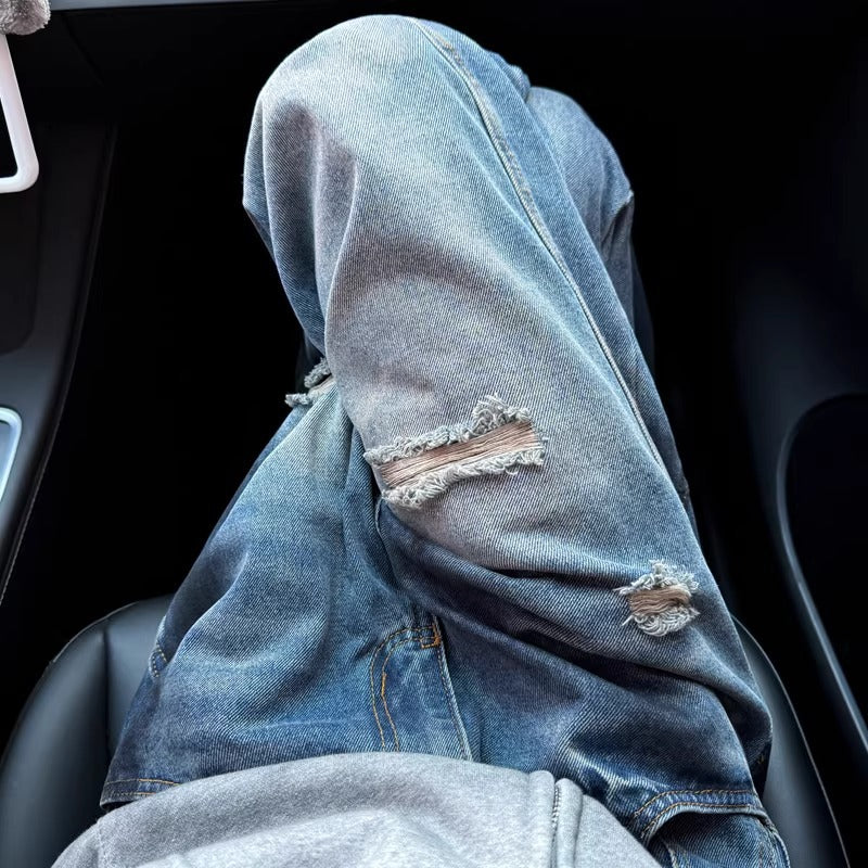 American Retro High Street Vibe Splatter Paint Ripped Jeans for Men Street Style Dirty Fit Loose Straight Wide-Leg Pants