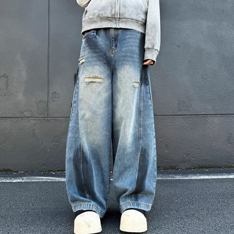 American Retro High Street Vibe Splatter Paint Ripped Jeans for Men Street Style Dirty Fit Loose Straight Wide-Leg Pants